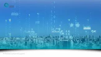 Digital code in the sky above a city - a smart city.